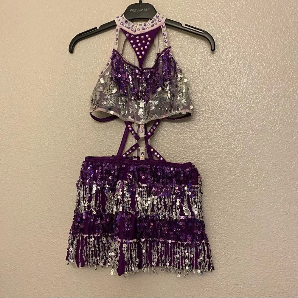 Glamour dance costume purple sequin gems rhinestone fringe embellished child M/L